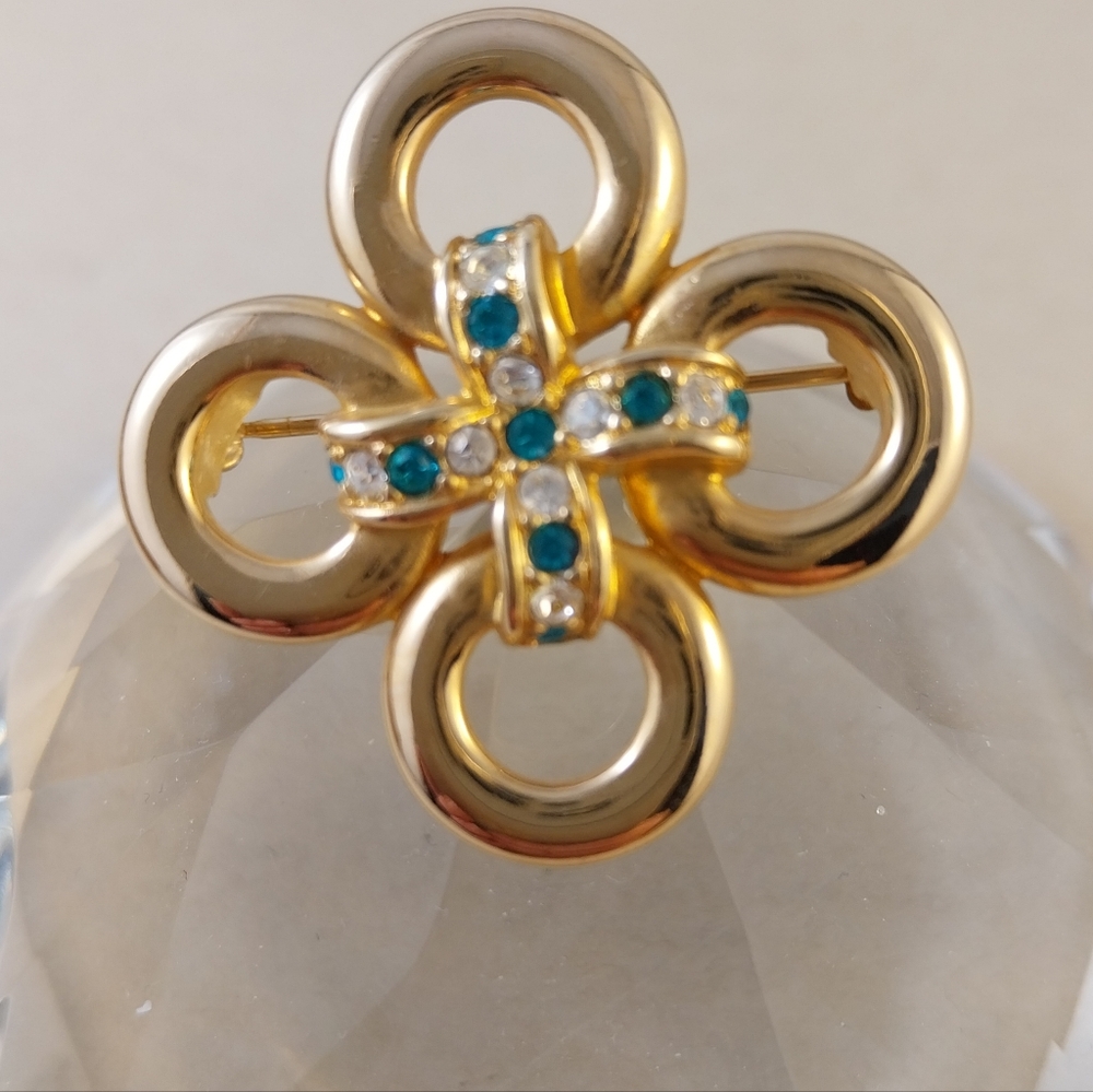 Swarovski Gold Brooch with Blue and Clear Crystals